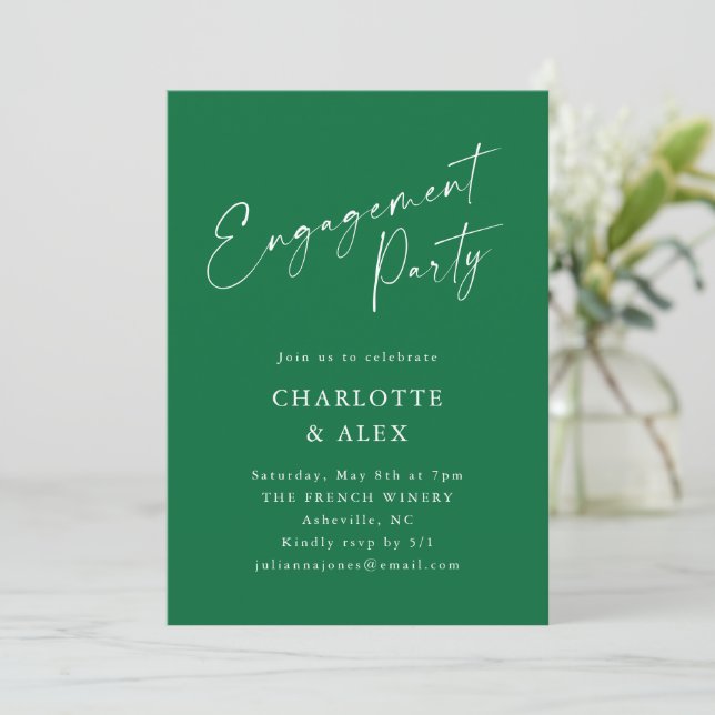 Elegant Emerald Green Script Engagement Party Invitation (Standing Front)