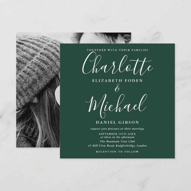 Elegant Emerald Green Script Wedding Photo Invitation (Front/Back)