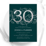 Elegant Emerald Green Silver 30th Birthday Invitation<br><div class="desc">Elegant emerald green silver 30th birthday party invitation. Customisable modern feminine design featuring roses botanical accents and faux glitter silver. Simple floral invite card perfect for a stylish female bday celebration. Personalise with your own details. Printed Zazzle invitations or instant download digital printable template.</div>