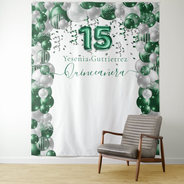 Elegant Emerald Green Sparkle Quinceañera Balloon Tapestry (In Situ)