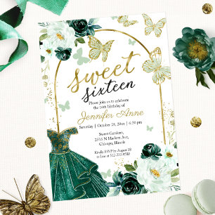 Elegant Emerald Green Sweet 16 Floral Dress Invitation