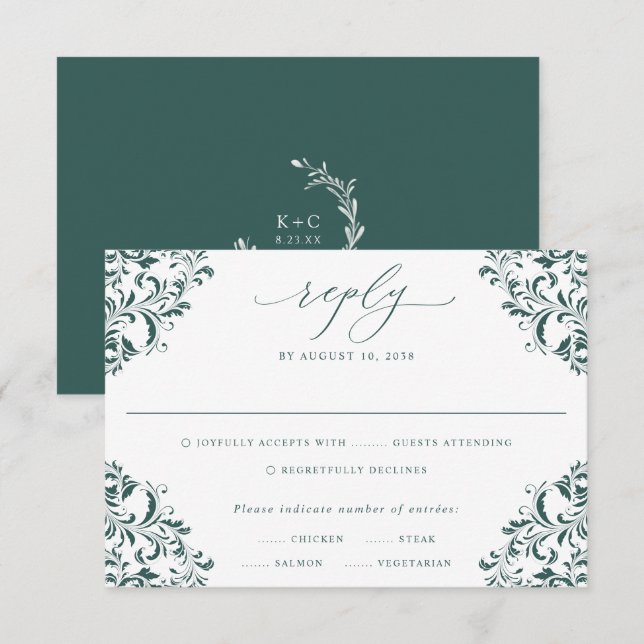 Elegant Emerald Green Vintage Classic Wedding RSVP Card (Front/Back)