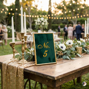 Elegant Emerald Green Watercolor Gold Custom Wed Table Number