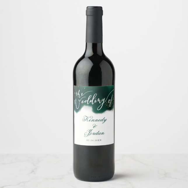 Elegant Emerald Green Watercolor Ombre Wedding Wine Label (Front)