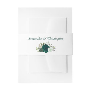 Elegant Emerald Green Watercolor Roses Wedding Invitation Belly Band