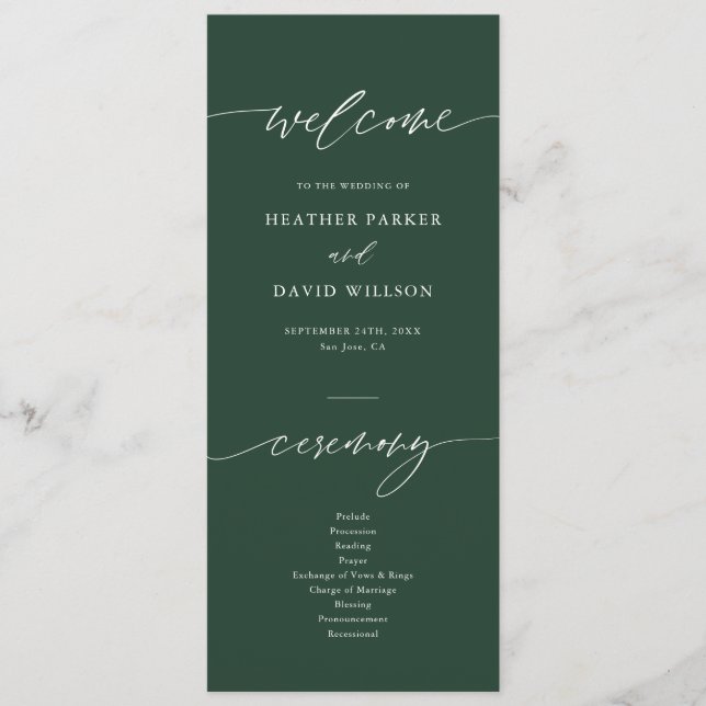 Elegant Emerald Green Wedding Ceremony Programme (Front)