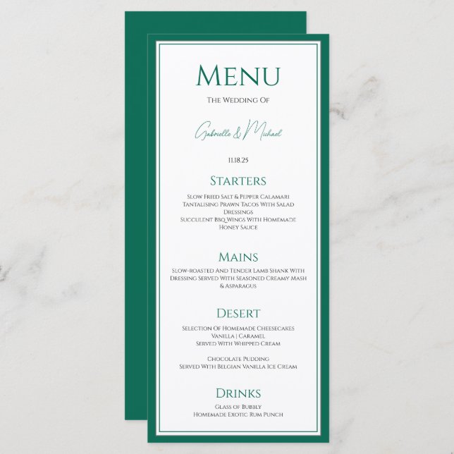 Elegant Emerald Green Wedding Menu Card (Front/Back)