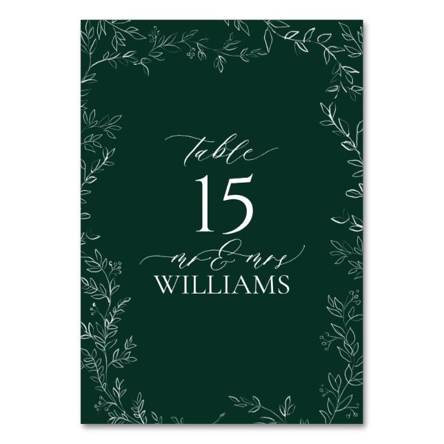Elegant Emerald Green Wedding Table Number Card (Front)