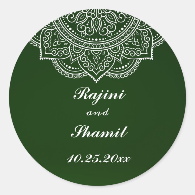 Elegant Emerald Green White Indian Paisley Wedding Classic Round Sticker (Front)
