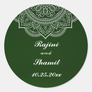 Elegant Emerald Green White Indian Paisley Wedding Classic Round Sticker
