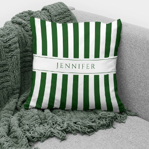 Elegant Emerald Green & White Stripes Pattern Name Cushion