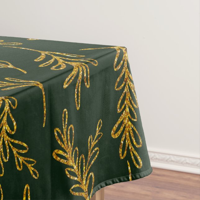 Elegant Emerald Green with Gold Floral Sprig Tablecloth (In Situ)
