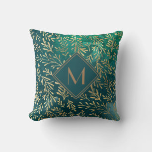 Elegant Emerald Green with Gold Leaves Monogram Cushion