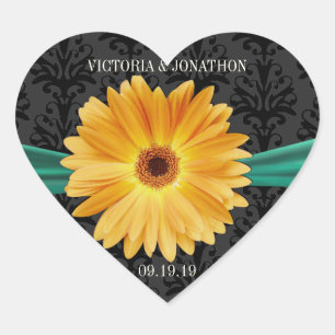 Elegant Emerald Green Yellow Gerber Daisy Wedding Heart Sticker