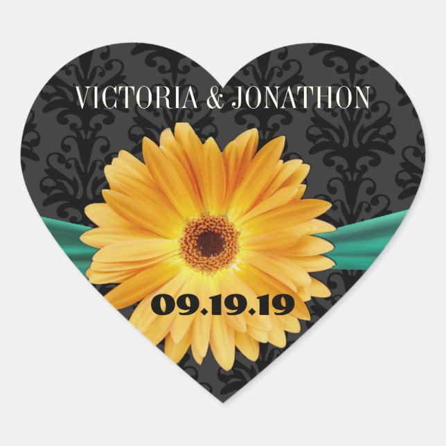 Elegant Emerald Green Yellow Gerber Daisy Wedding Heart Sticker (Front)