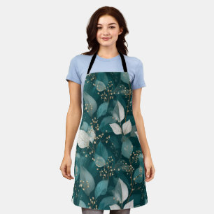 Elegant Emerald Leaf White Floral Pattern Apron