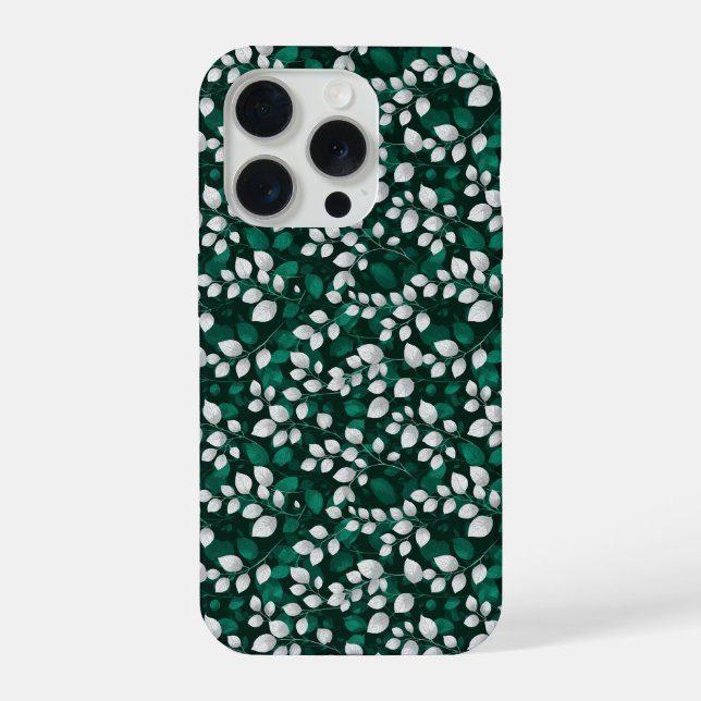 Elegant Emerald Leaf White Floral Pattern iPhone Case (Back)