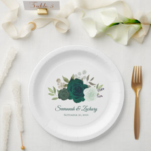Elegant Emerald & Mint Green Roses Wedding Paper Plate