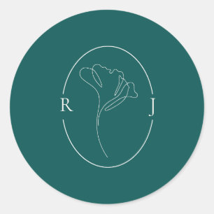 Elegant Emerald Outlined Monogram Wedding Classic Round Sticker