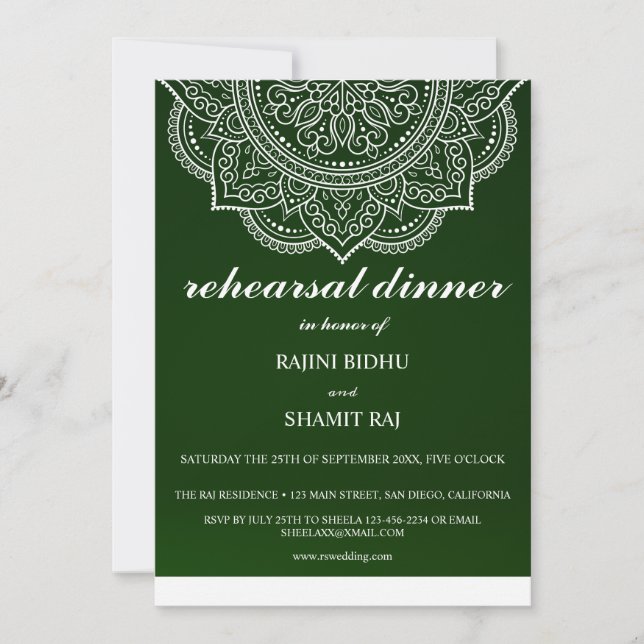 Elegant Emerald Paisley Indian Rehearsal Dinner Invitation (Front)