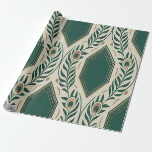 Elegant Emerald Peacock Feather Art Deco Wrapping Paper