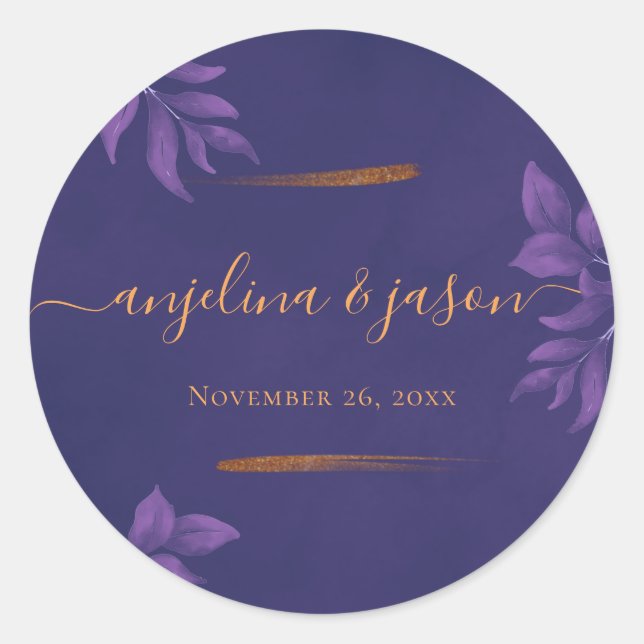 Elegant Emerald Purple & Gold Eucalyptus Wedding  Classic Round Sticker (Front)