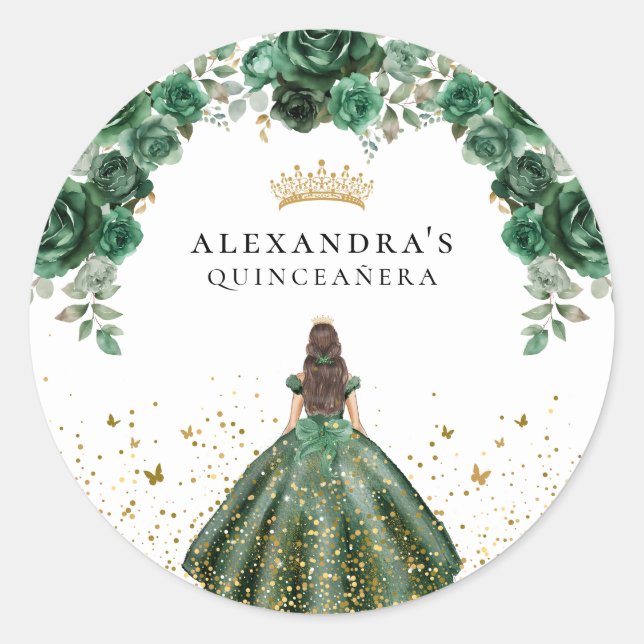 Elegant Emerald Quinceañera Floral Faux Foil Classic Round Sticker (Front)