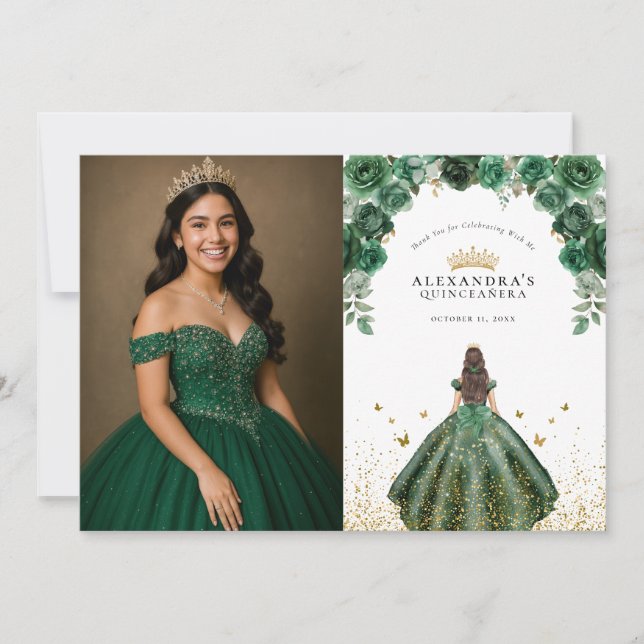 Elegant Emerald Quinceañera Floral Faux Foil Photo Thank You Card (Front)