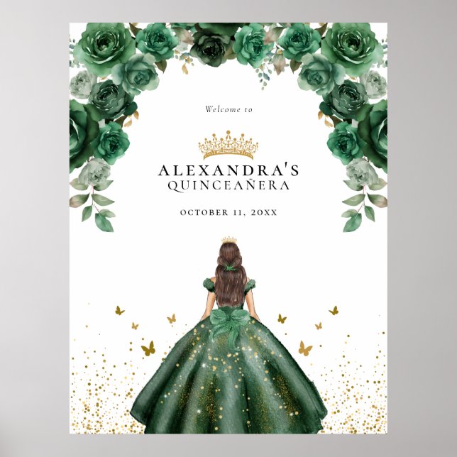 Elegant Emerald Quinceañera Floral Faux Foil Poster (Front)