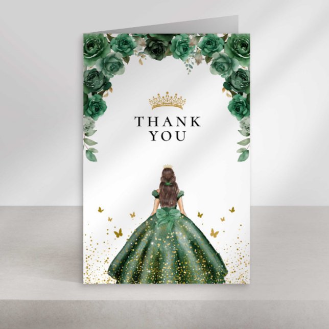 Elegant Emerald Quinceañera Floral Faux Foil Thank You Card (Creator Uploaded)