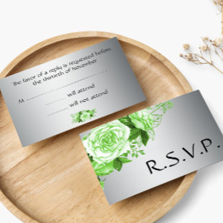 Elegant Emerald Roses and Silver Wedding RSVP Card