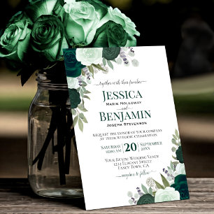 Elegant Emerald & Sage Green Roses Boho Wedding Invitation