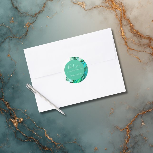 Elegant Emerald Teal Marble Watercolor Wedding Classic Round Sticker (Creator Uploaded)