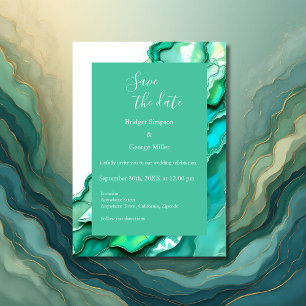 Elegant Emerald Teal Marble Watercolor Wedding Invitation