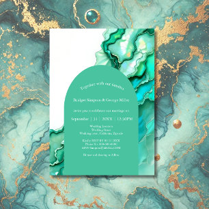 Elegant Emerald Teal Marble Watercolor Wedding Invitation