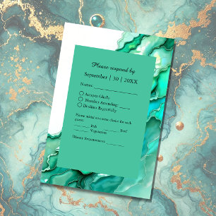 Elegant Emerald Teal Marble Watercolor Wedding RSVP Card