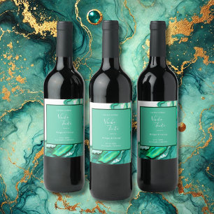 Elegant Emerald Teal Marble Watercolor Wedding Wine Label