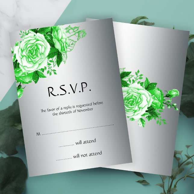 Elegant Emerald Watercolor Roses and Silver RSVP Invitation (Creator Uploaded)