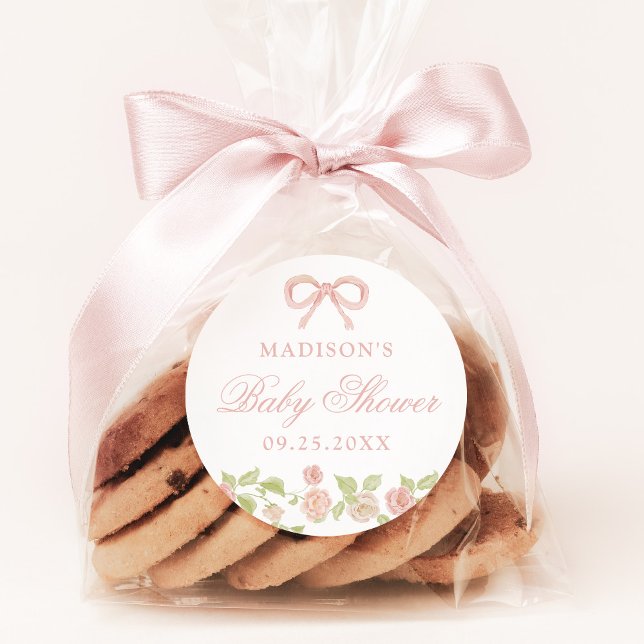 Elegant Enchanted Pink Floral Baby Shower Classic Round Sticker (Choose small or large stickers for your special event!)