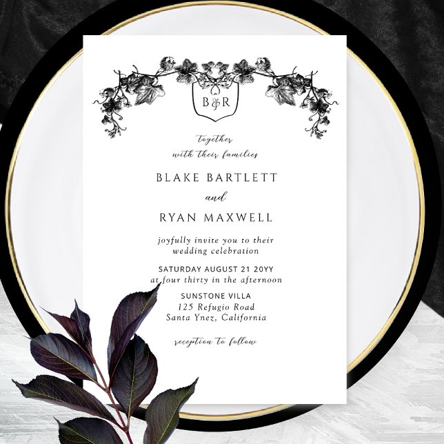 Elegant Enchanting Black Garlands Monogram Wedding Invitation (Creator Uploaded)
