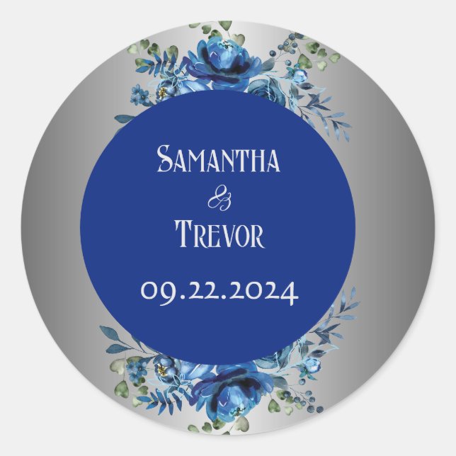 Elegant Enchantment: Monogrammed Silver & Blue  Classic Round Sticker (Front)