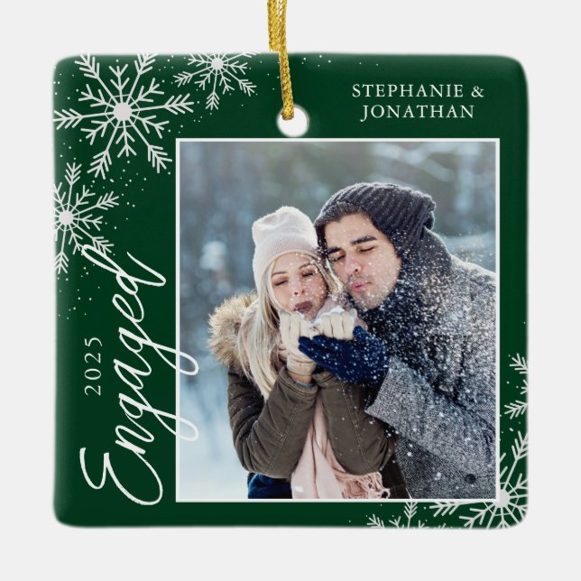 Elegant Engaged Christmas Snowflakes Green Ceramic Ornament (Front)