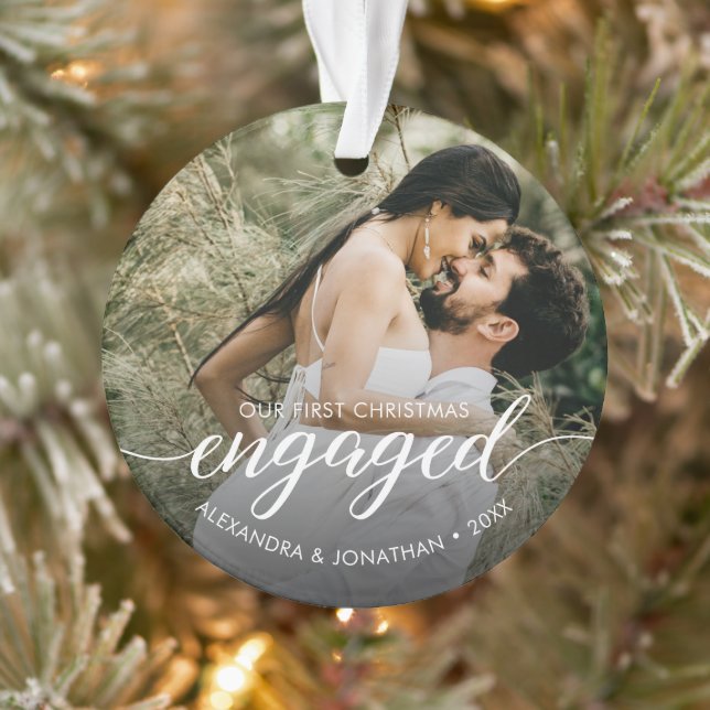 Elegant Engaged First Christmas Custom Photo Ornament (Tree)