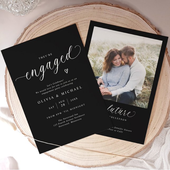 Elegant Engaged Modern Black Wedding Engagement Invitation (Modern black engagement party invitation with elegant white script and minimalist with photo.)