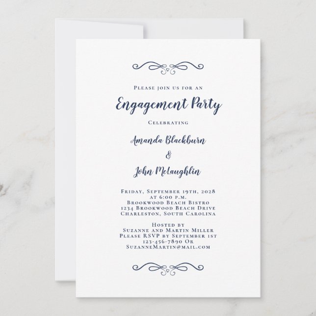 Elegant Engagement Party Couple Calligraphy Blue Invitation (Front)