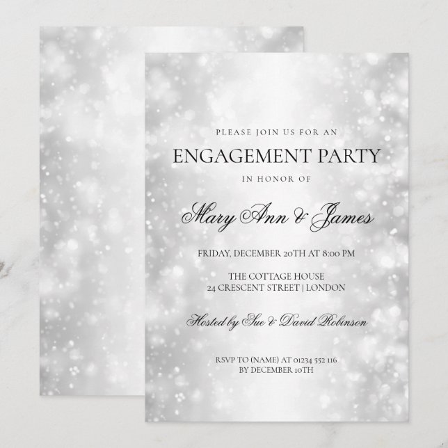 Elegant Engagement Party Silver Shimmer Lights Invitation (Front/Back)