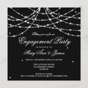 Elegant Engagement Party Sparkling String Black Invitation