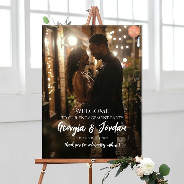 Elegant engagement party welcome sign with photo (Creator Uploaded)