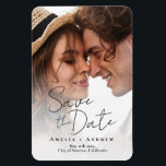 Elegant Engagement Photo Script Wedding  Magnet<br><div class="desc">This modern, minimalistic wedding Save the date card features an elegant script front. It plays with the simplicity of a black and white typography design. In the back, you can add your wedding website information as well as a QR code for your guests to scan. It's the perfect choice for...</div>