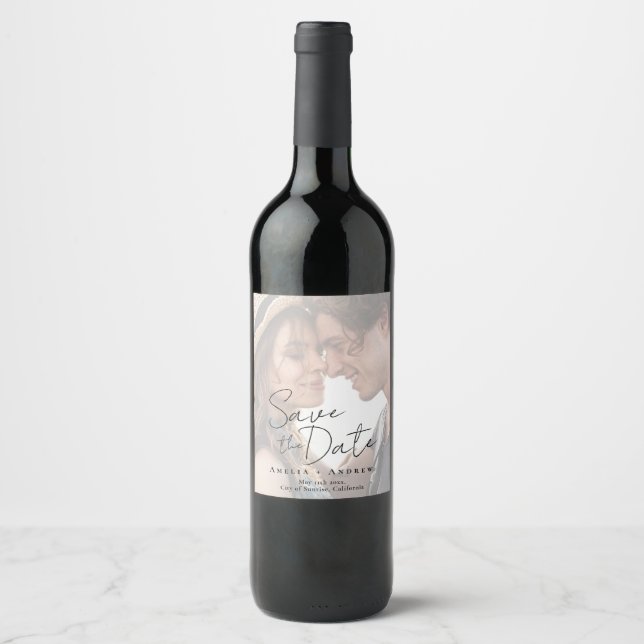 Elegant Engagement Photo Script Wedding  Wine Label (Front)